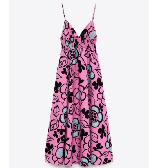 Zara Printed Poplin Midi Dress Pink Black Size Medium - Picture 4 of 15